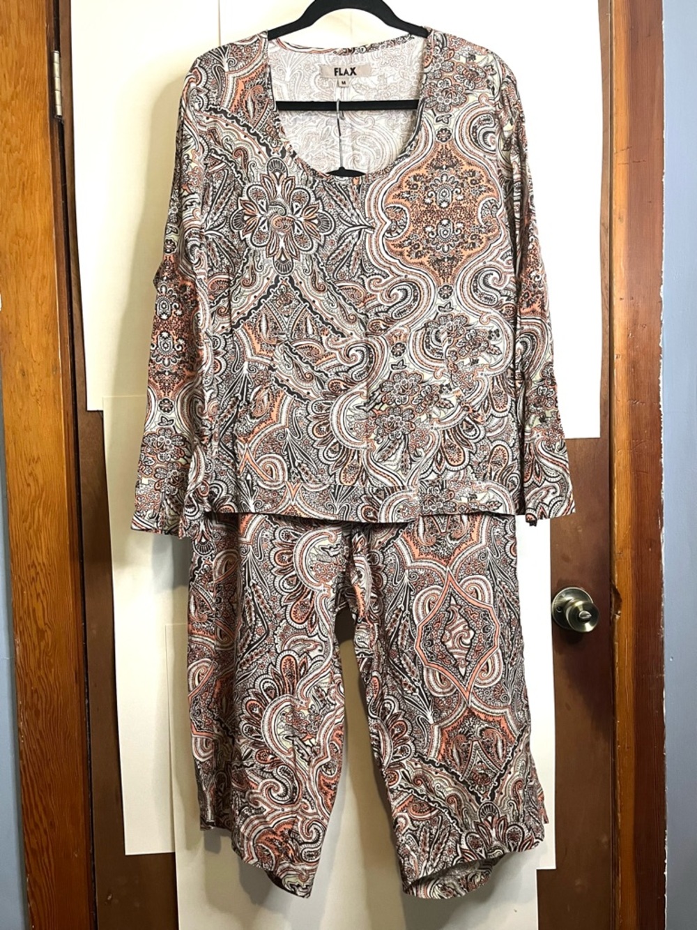 Flax Women’s Size M Brown & Orange Paisley Linen Cropped Pant & Tunic Set